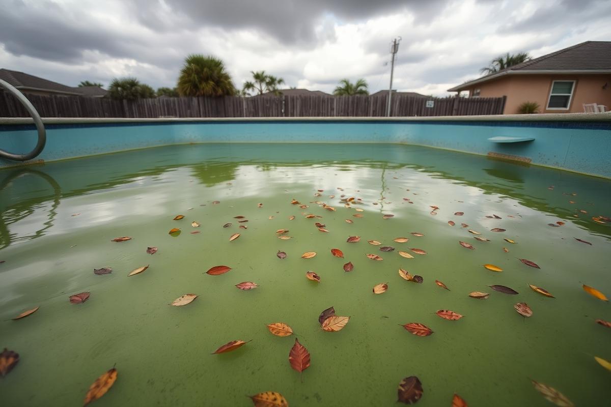 Green algae water in a neglected Central Florida swimming pool